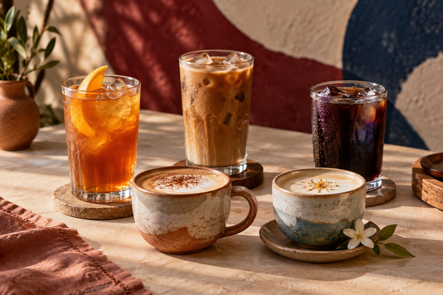 Cinco bebidas de autor, tres frías y dos calientes, en una mesa artesanal