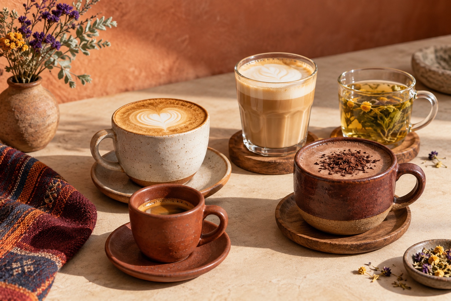 Espresso, capuccino, latte, chocolate e infusión en vajilla artesanal